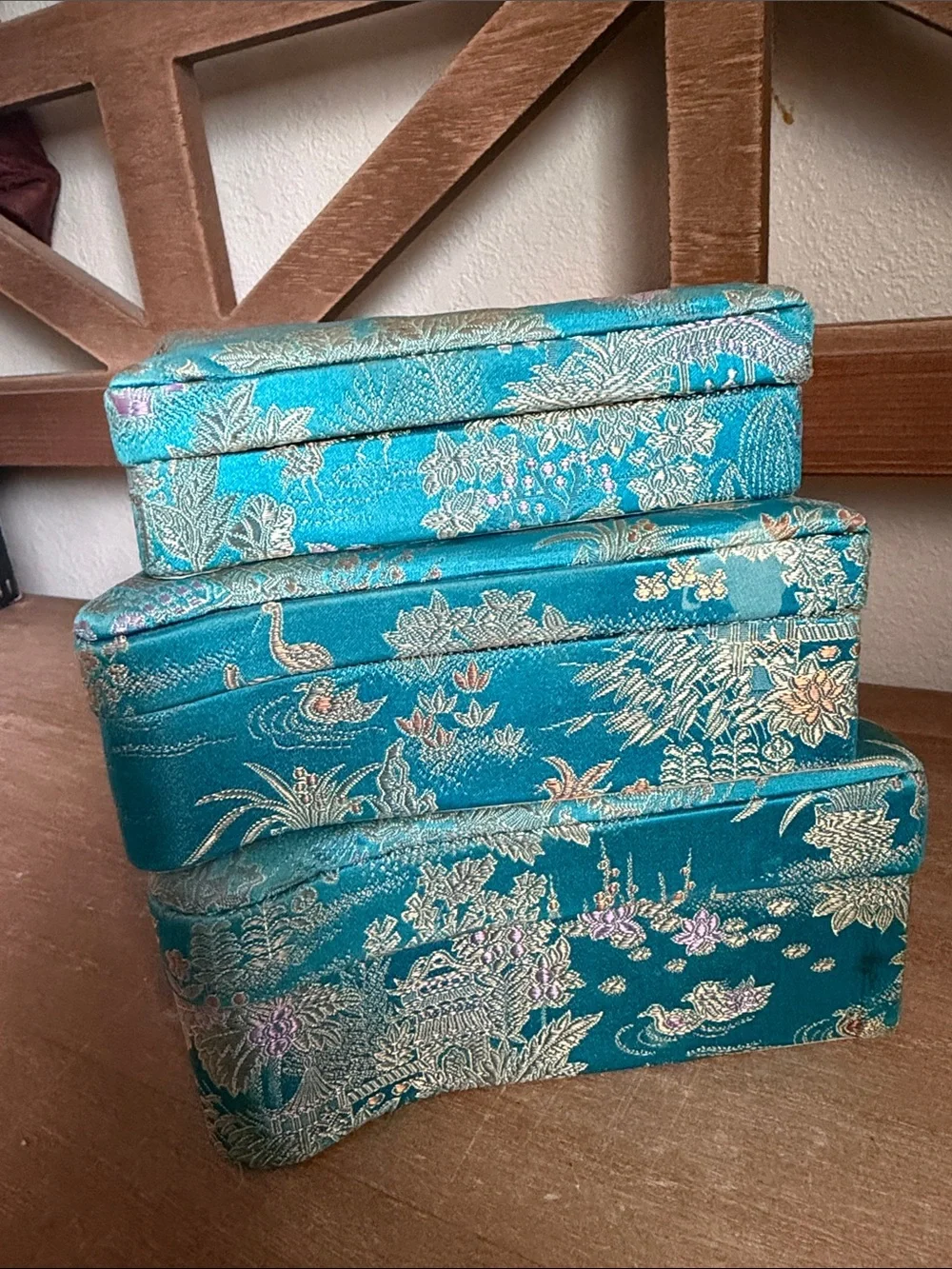 Teal Brocade Decorative Fabric Asian fan nesting - Set of 3